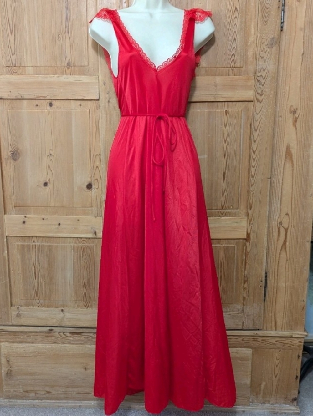 GORGEOUS Vintage Kayser Sexy Red Maxi Nightgown Lace Slip Dress Small Glamorous